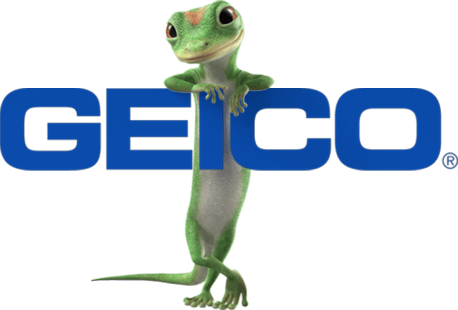 Geico logo with green gecko leaning on the word 