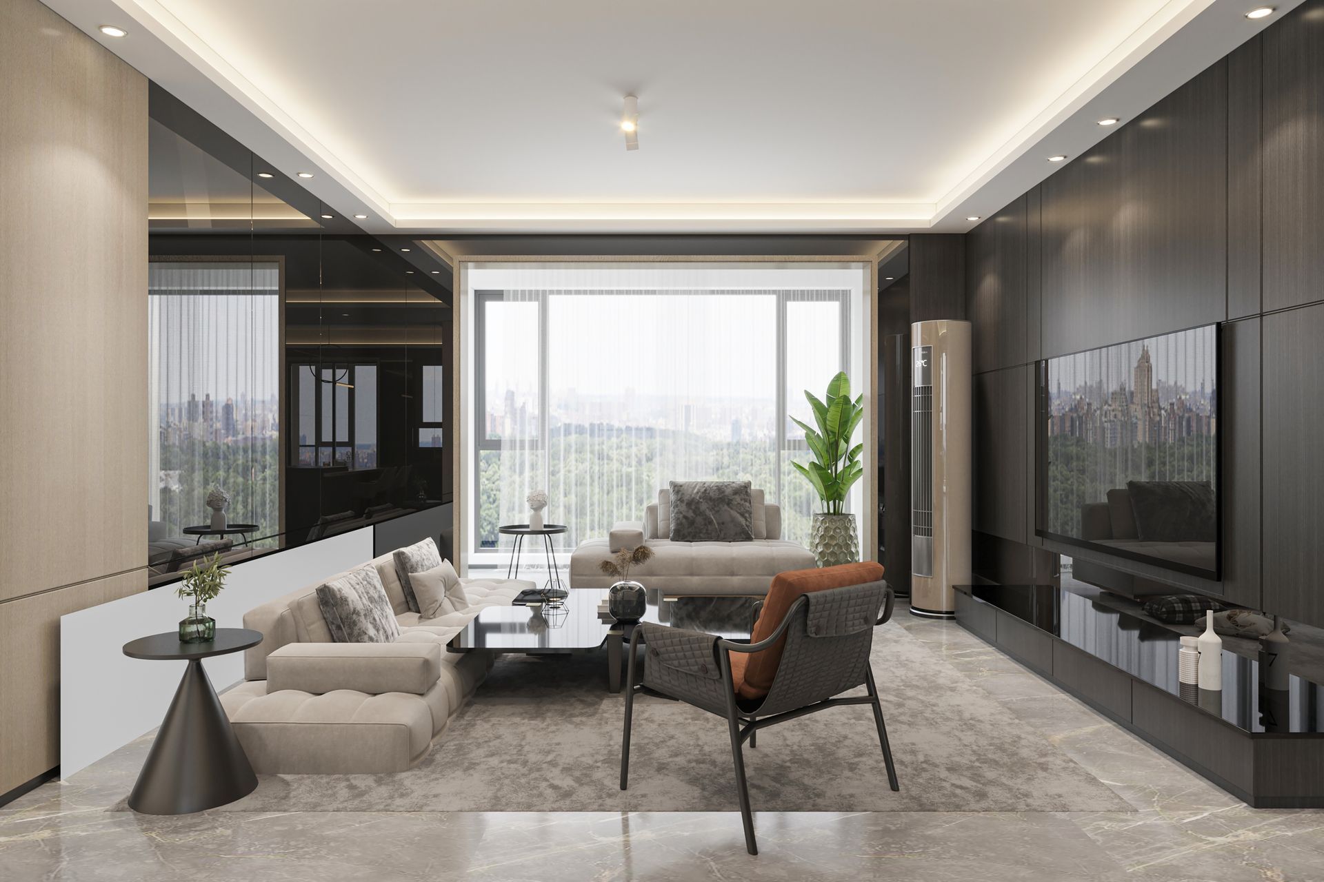 Modern living room with beige sofa.
