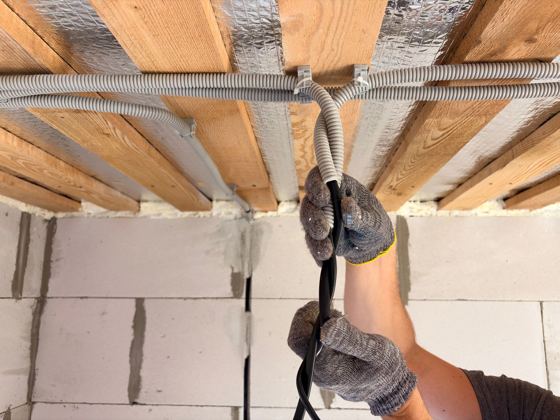 Gloved hands twisting wire around exposed ceiling rebar and wooden beams during construction.