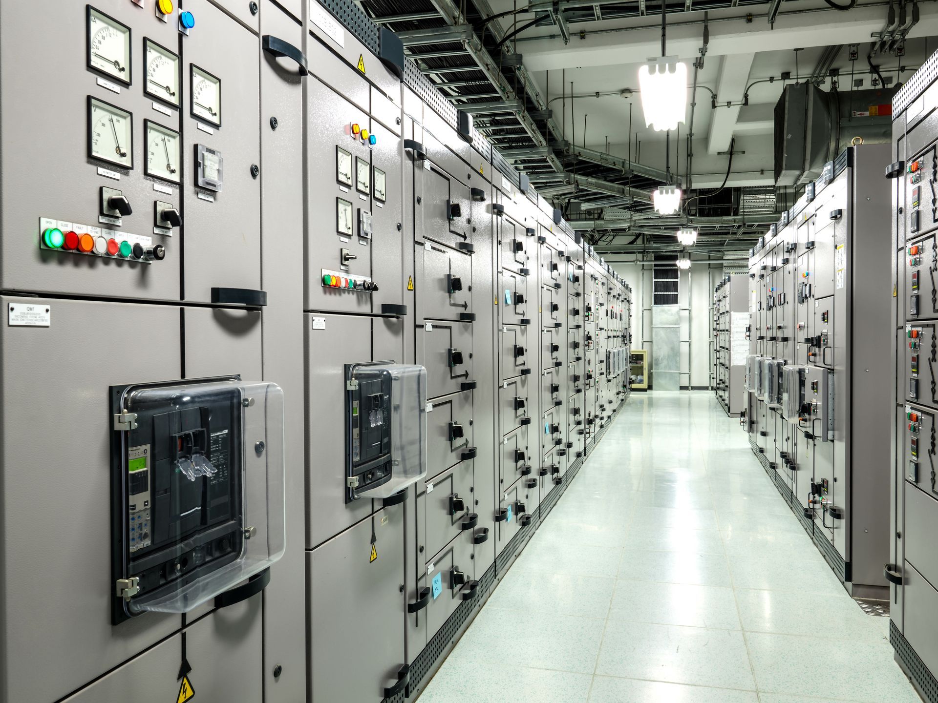 Row of gray electrical control panels in an industrial corridor with bright overhead lighting.