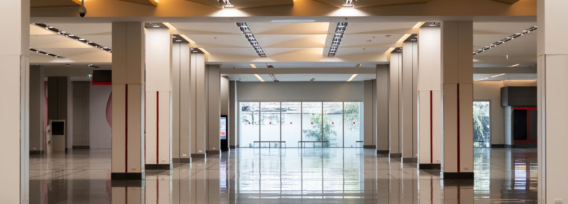 Empty modern lobby with polished floors.