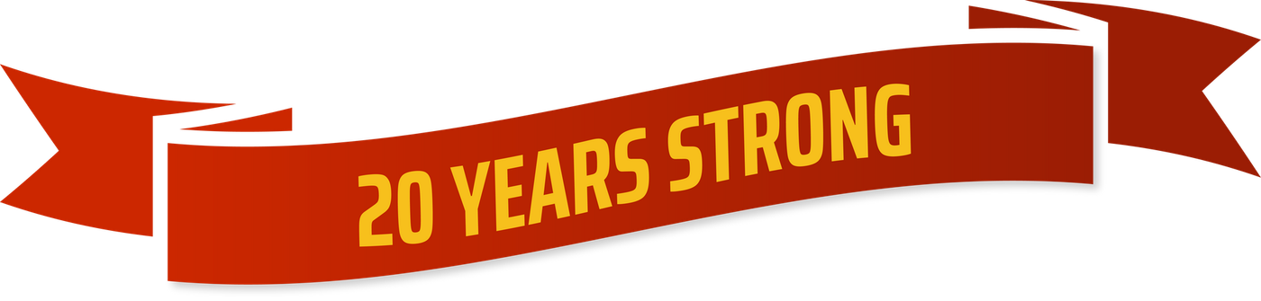 Red ribbon banner with gold text reading “20 YEARS STRONG”