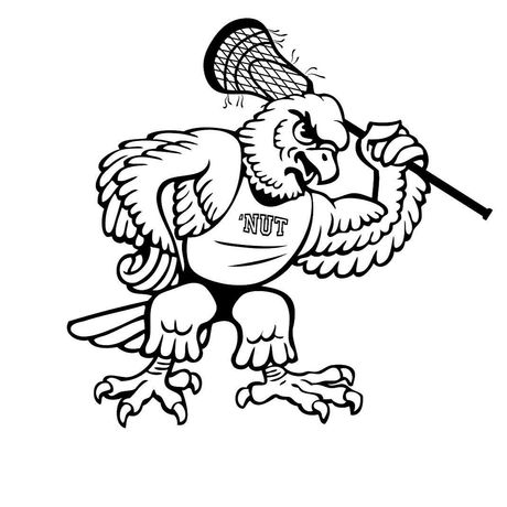 Cartoon golden eagle mascot holding a lacrosse stick, black-and-white drawing.