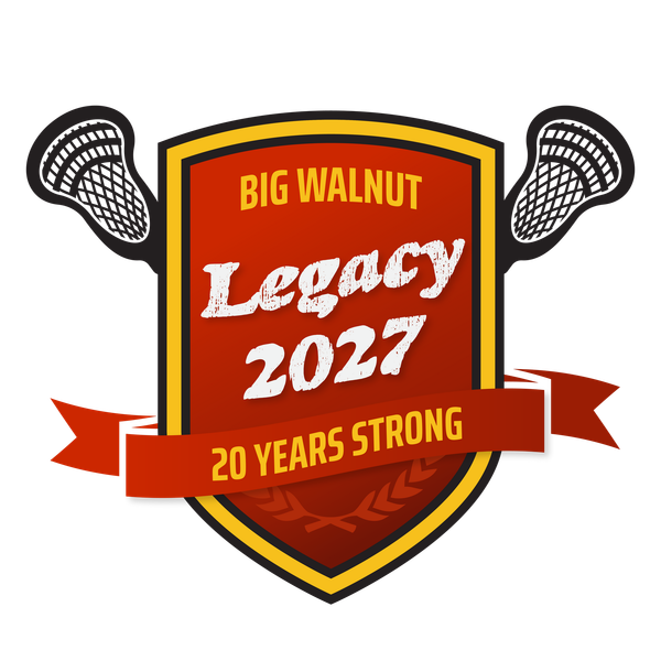 Big Walnut Legacy 2027 badge in red and gold with crossed lacrosse sticks and “20 Years Strong” ribbon