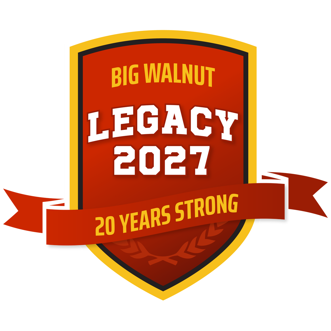 Big Walnut Legacy 2027 shield logo in red, gold, and orange with “20 Years Strong” ribbon