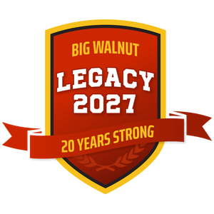Big Walnut Legacy 2027 shield logo in red, gold, and orange with “20 Years Strong” ribbon