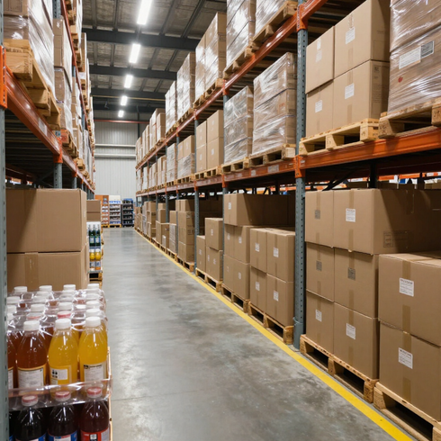 Pasillo de almacén con cajas de cartón apiladas en estantes altos y bebidas embotelladas en primer plano.
