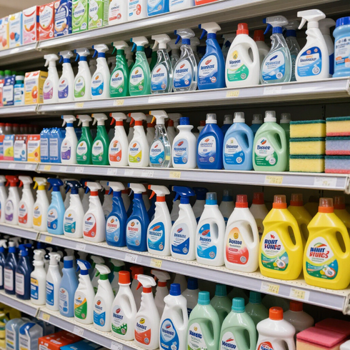 Pasillo de productos de limpieza del supermercado con filas de coloridas botellas de spray y detergente en los estantes.