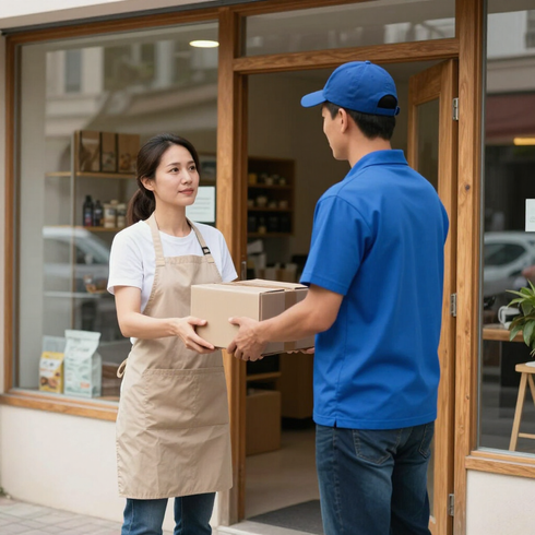 Un repartidor entrega un paquete a un empleado de la tienda en la entrada del local.