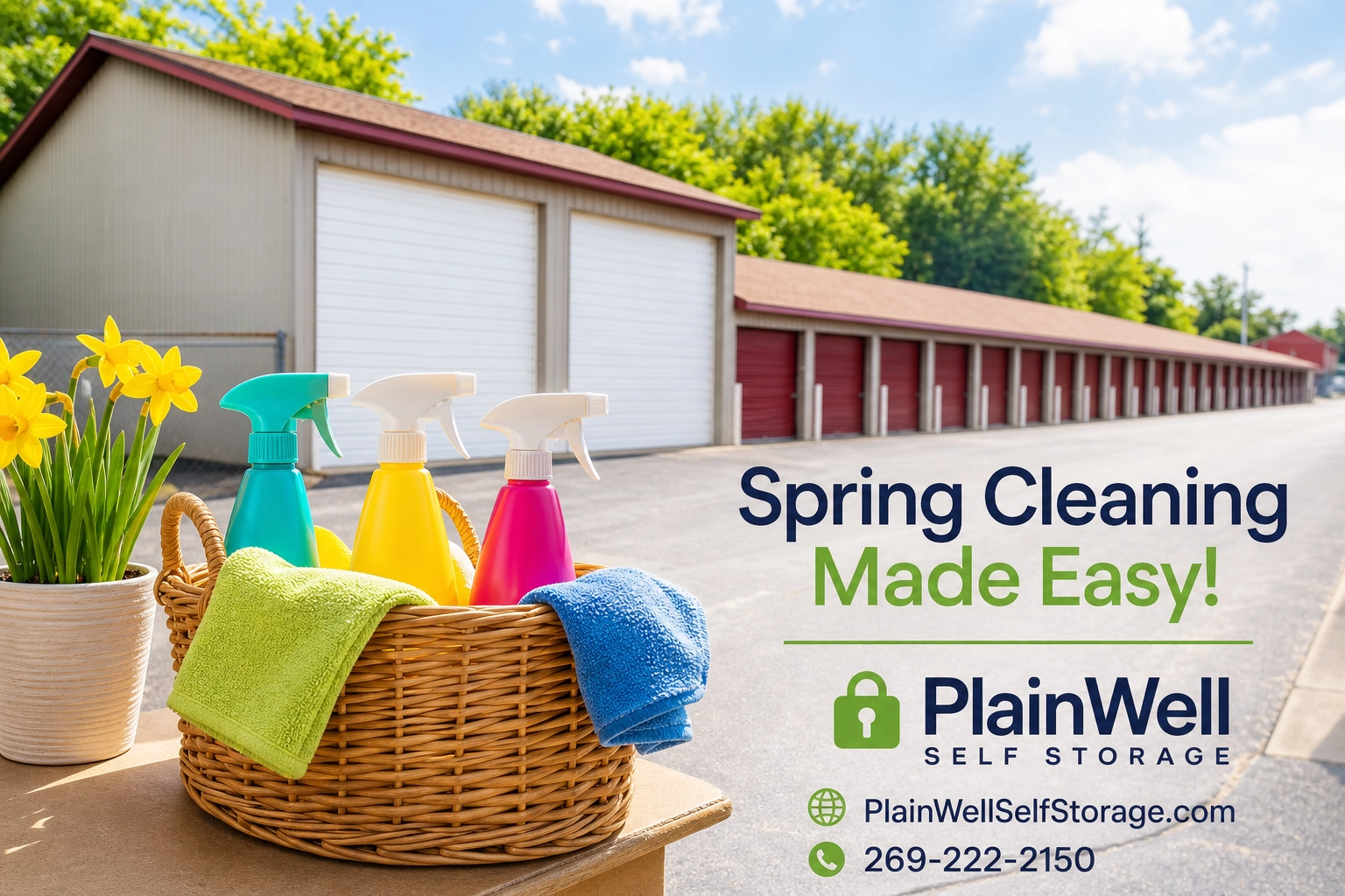 Spring cleaning storage tips banner for Plainwell Self Storage