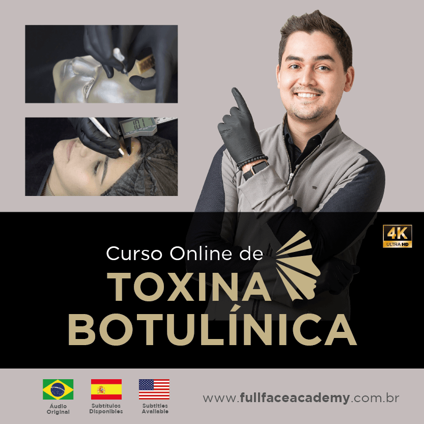 Anúncio de curso online de toxina botulínica. Homem apontando, dois close-ups da demonstração. Texto do título do curso. Bandeiras: Brasil, Espanha, EUA.