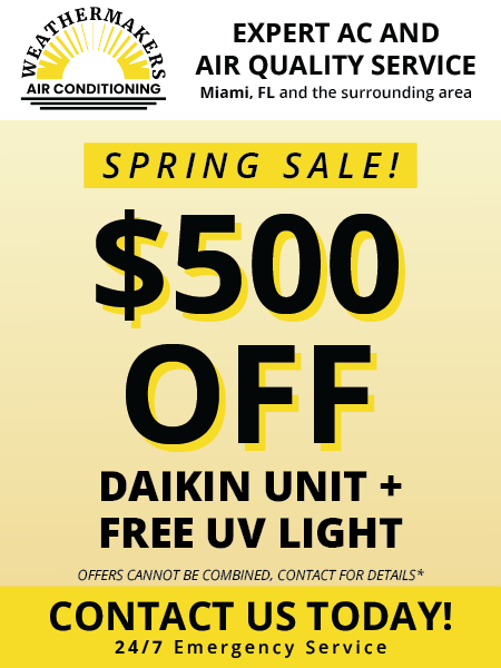 Expert AC and Air Quality Service spring sale ad: $500 off Daikin unit plus free UV light.