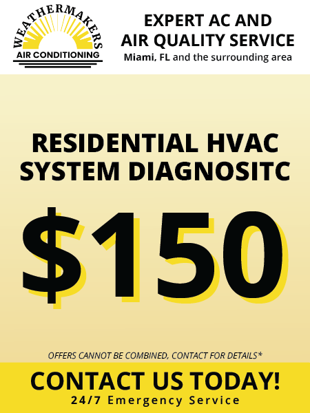 HVAC service ad for residential diagnostics, $150, with yellow and black branding and “Contact us today!”