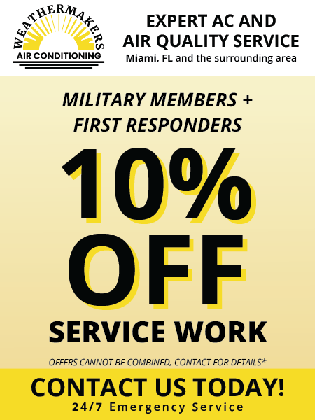 Weathermaker Air Conditioning ad: 10% off service work for military members and first responders, Miami FL.