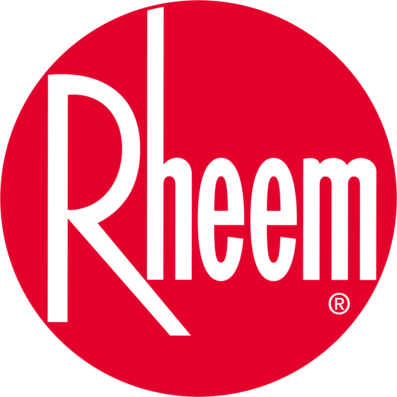 Rheem logo: white text on a red circular background