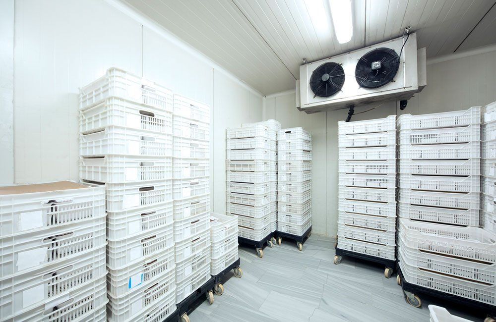 Rows of stacked white crates in a cold storage room with a large ceiling fan and bright fluorescent lights