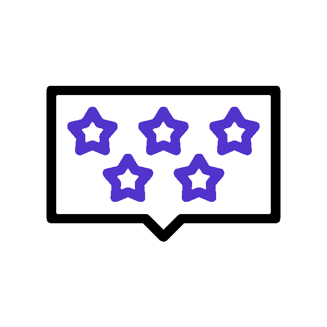 Five purple star icons inside a white speech bubble outline
