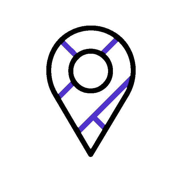 Purple map pin icon with a central circle and diagonal lines on a white background