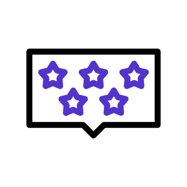 Five purple stars in a white speech bubble, indicating a high rating or review.