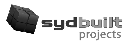 Sydbuilt Projects logo with a black cube icon and gray text on a white background