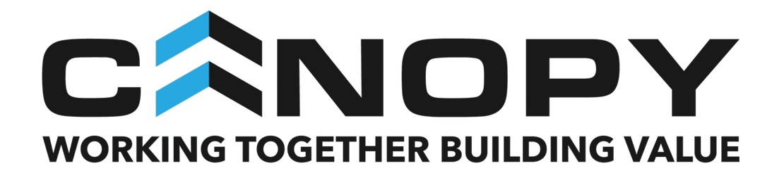 Canopy logo with black and blue roof icon and the slogan “Working Together Building Value”