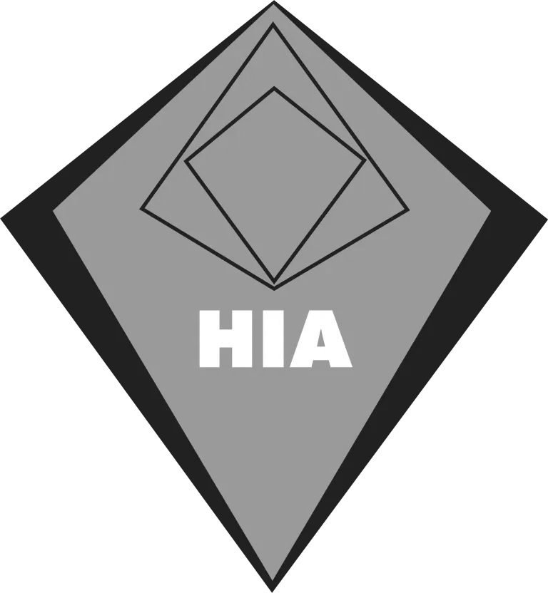 Gray diamond-shaped HIA logo with black outline and geometric inner shapes