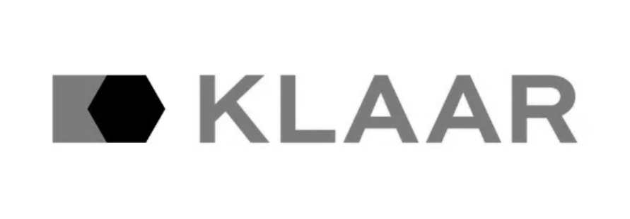 KLAAR logo with a gray and black hexagon icon and gray uppercase text
