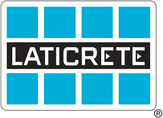 LATICRETE logo with white text on a black bar over a blue tile grid