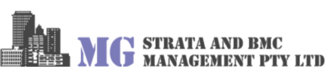 MG Strata and BMC Management Pty Ltd logo with gray buildings and blue-purple text