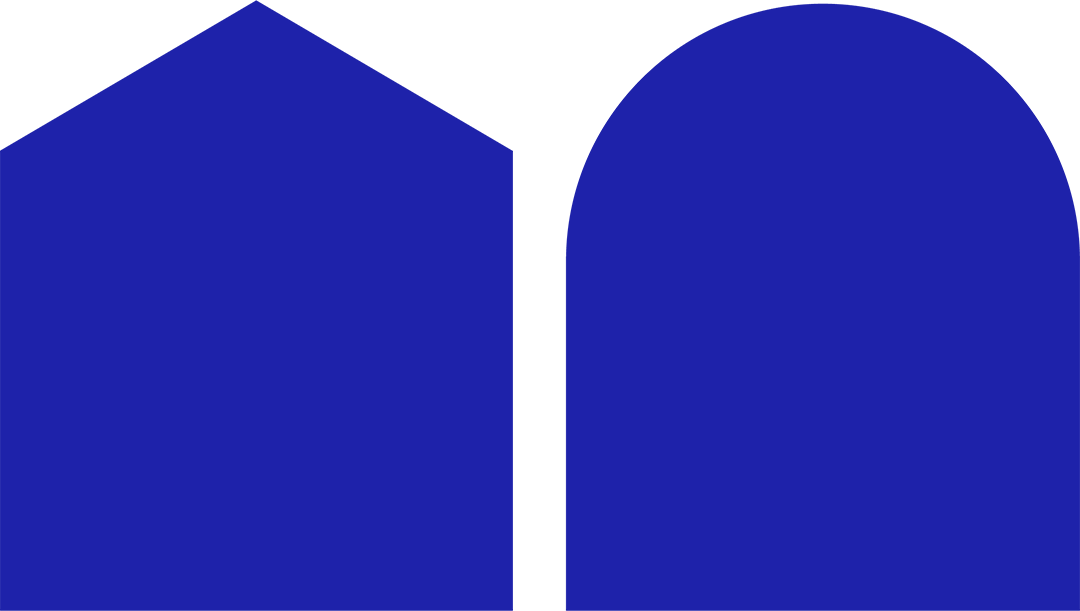 Blue geometric logo with two rounded shapes separated by a narrow white gap