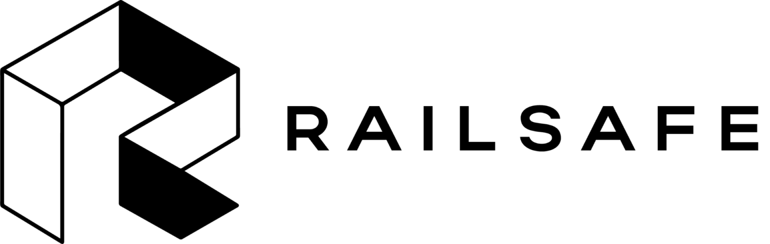 RailSafe logo with black geometric hexagon icon and the word “RAILSAFE” in black text