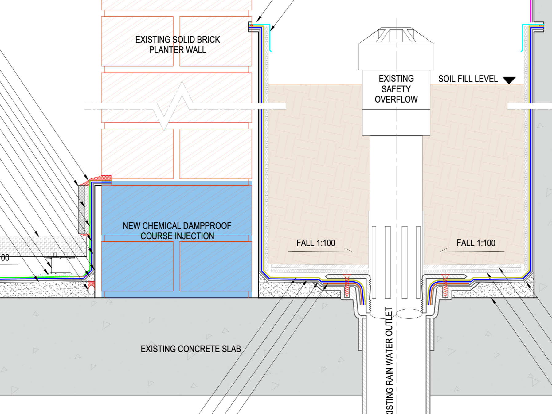 Cross-section architectural detail showing wall, slab, and column connections with labels and dimension lines