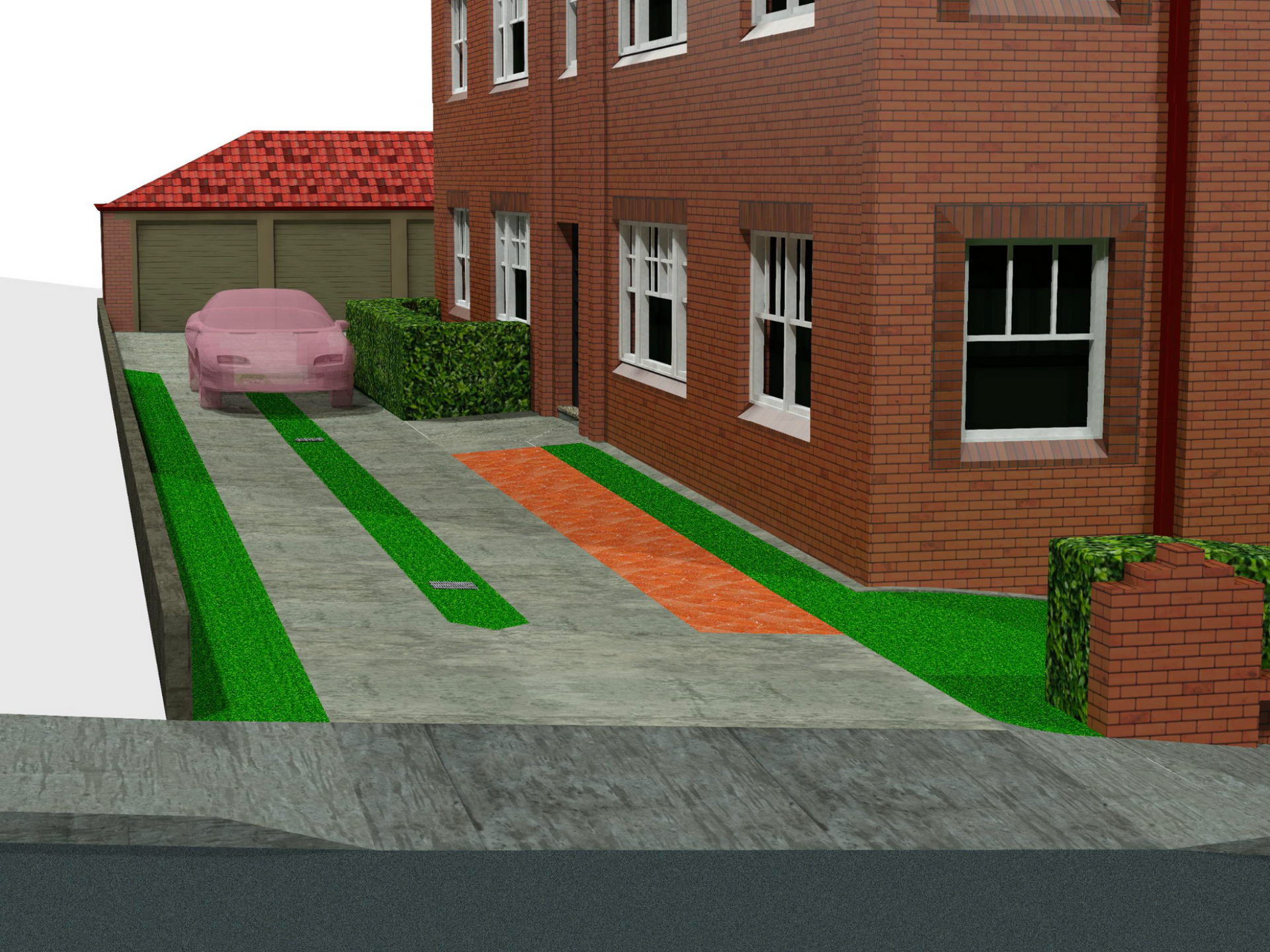 Accessible path beside brick building with green strips and a pink car in the background