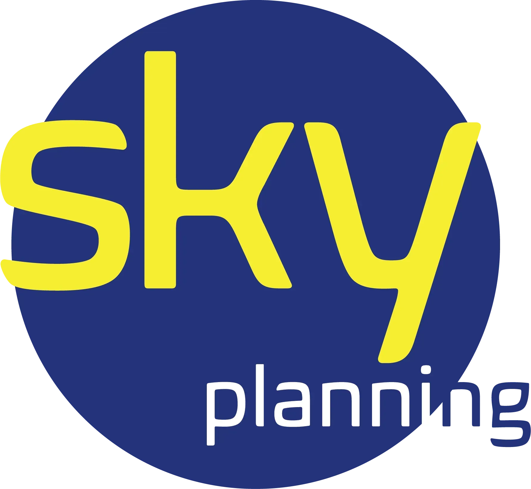 Sky Planning logo with yellow text on a blue circle background