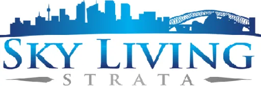 Sky Living Strata logo with blue city skyline and gray text on white background