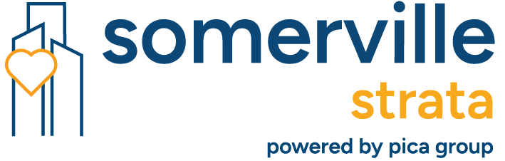 Somerville Strata logo with blue and orange text, building icon, and small heart emblem