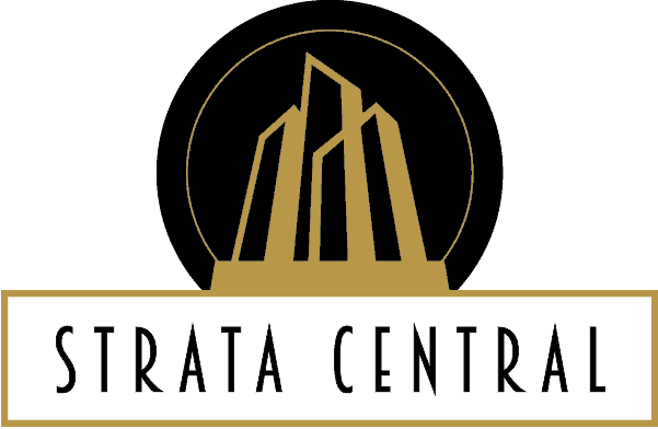 Strata Central logo with gold skyscraper graphic on black circle and white wordmark on gold-bordered banner