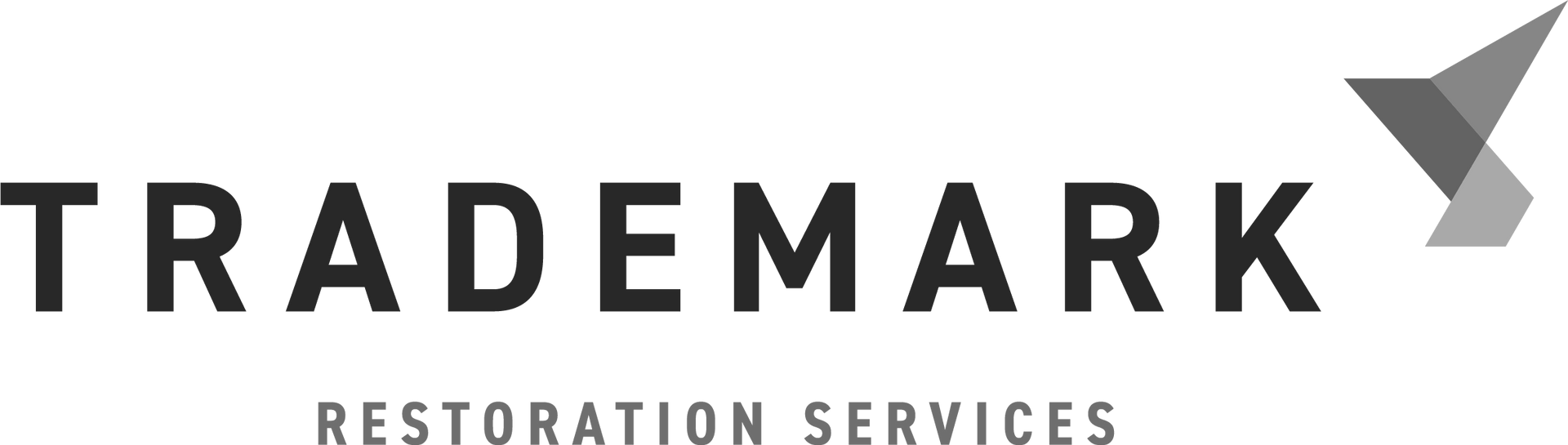Trademark Restoration Services logo with black text and gray geometric mark on white background
