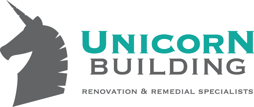 Unicorn Building logo with teal and gray text and a unicorn head icon