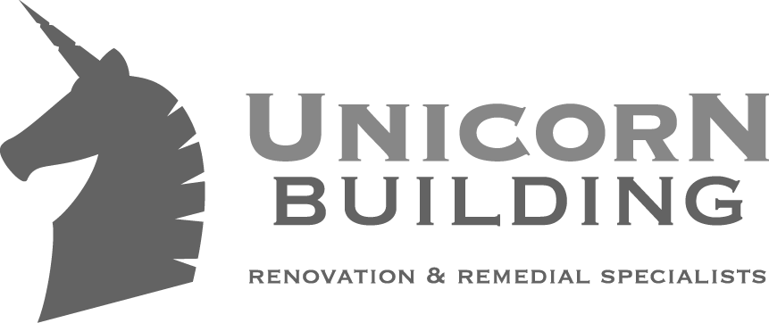 Unicorn Building logo with gray unicorn head and text “UNICORN BUILDING” and “RENOVATION & REMEDIAL SPECIALISTS”