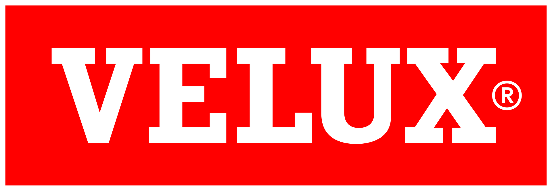 VELUX logo in white text on a red background