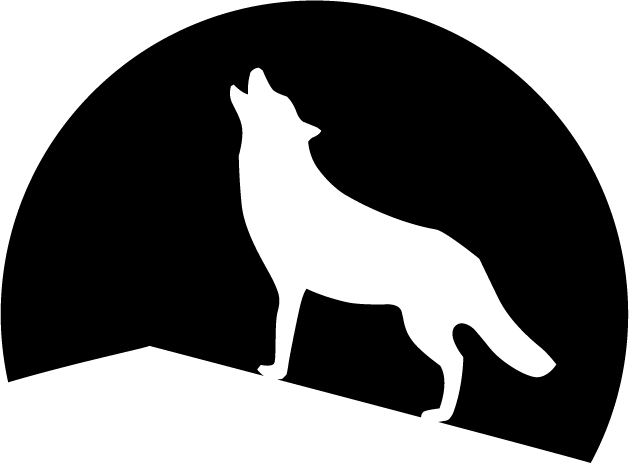 White wolf silhouette on a black circular background, standing on a sloped white surface and howling.