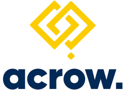 Yellow geometric logo above blue “acrow.” wordmark on a white background