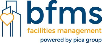 BFMS facilities management logo in blue and orange, with a house and heart icon and “powered by pica group” text