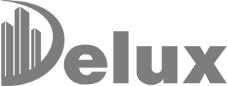 Gray “Delux” logo with a stylized circular icon on the left