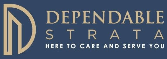 Dependable Start logo on blue background with gold text and icon, “Here to care and serve you”