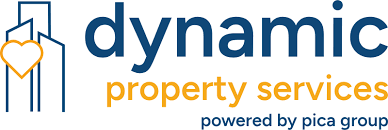 Dynamic Property Services logo in blue and gold with stylized building icon and heart, powered by Pica Group