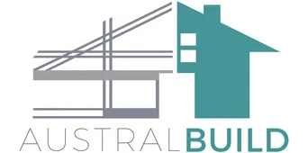 AUSTRALBUILD logo with gray house lines and teal building icon on white background