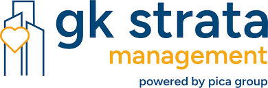 GK Strata Management logo with blue and orange text and a stylized building icon