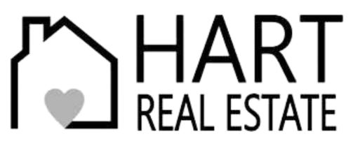 Hart Real Estate logo with a black house outline and gray heart icon